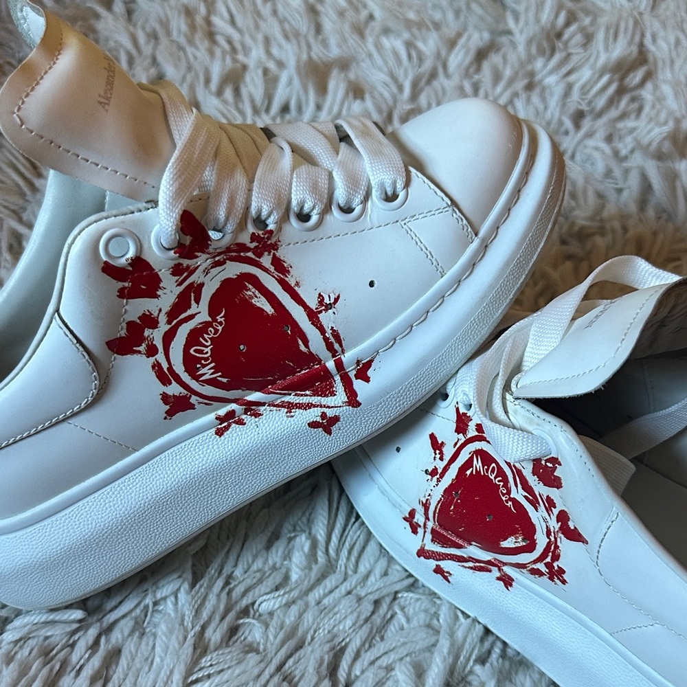 Alexander McQueen White Sneakers with Red Heart Motif